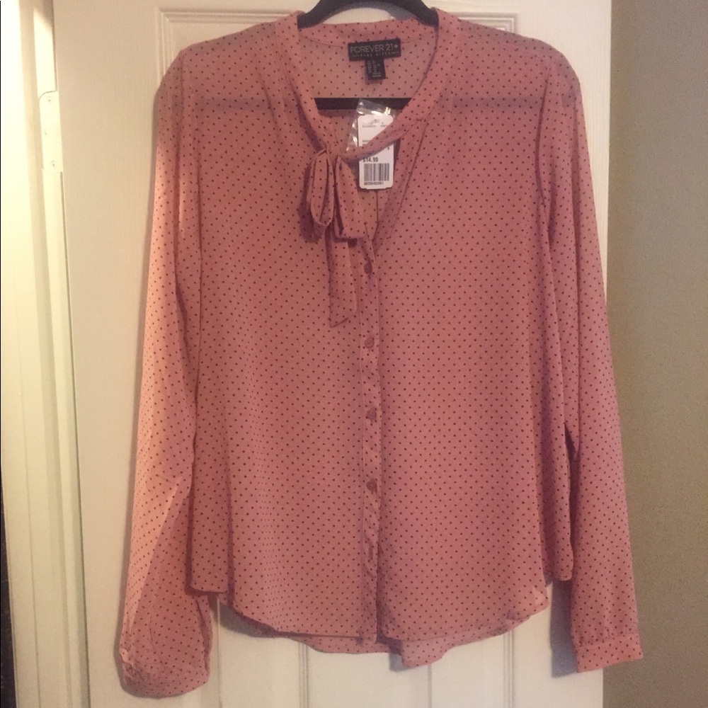 Mauve Polka Dot Long Sleeve Blouse w/ Neck Tie